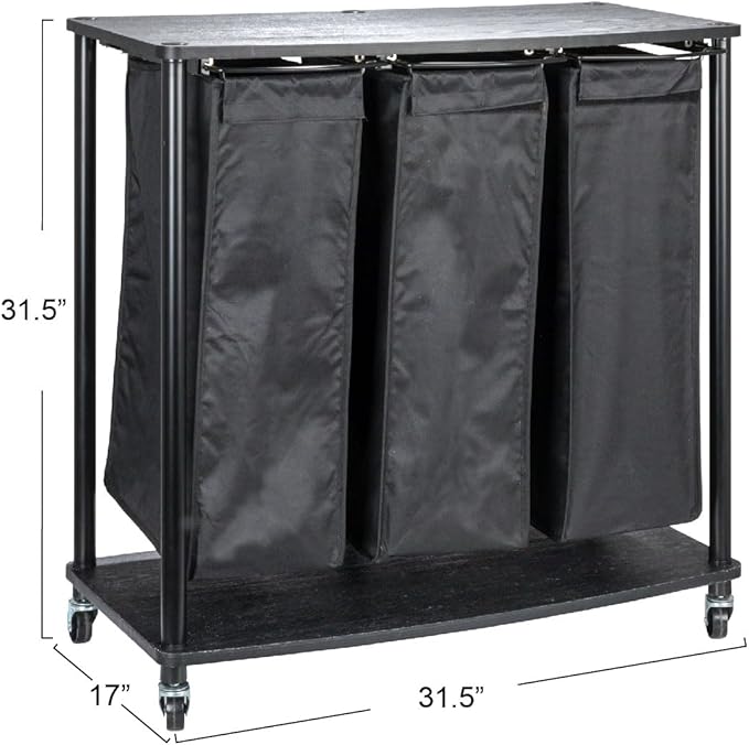 Household Essentials 3-Bag Laundry Sorter, Smooth Laminate Shelving, Sturdy Steel Frame, Wheeling and Stationary Feet Options, Washable Linen Laundry Bags, 3-Load Capacity, Versatile, Black
