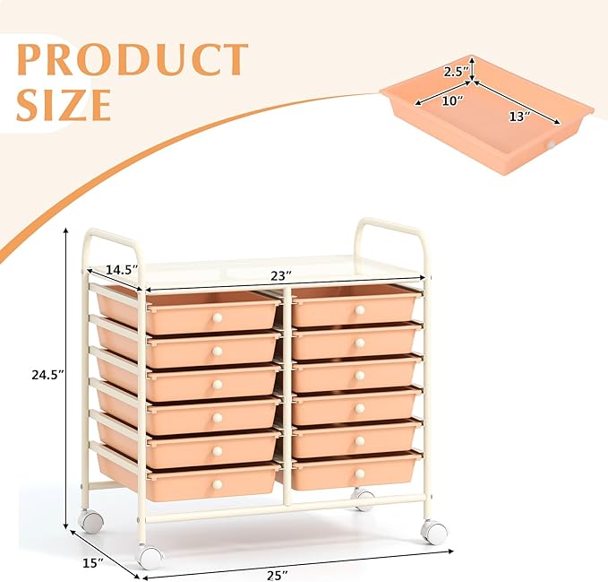 GOFLAME 12-Drawer Rolling Storage Cart, Multifunctional Art Craft Organizer Cart, Mobile Utility Storage Cart with Removable Drawers & Lockable Wheels, Craft Cart for Home Office School, Peach Fuzz