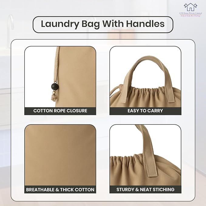 LFH Home Large Premium Cotton Canvas Laundry Bag with Drawstring and Handles Heavy Duty, Multi-Use, and Washable for Home, Travel, College or Storage 24x36 (Pack of 4)-Beige