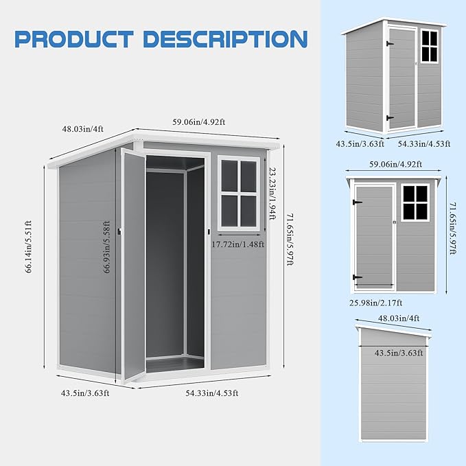 LARBANKE 5×3FT Outdoor Storage Shed with Floor&Window,Waterproof Garden Resin Tool Shed with Lockable Door&Slop Roof&Air Vent,Plastic Storage Shed Suitable for Patio,Backyard,Garden,Gray