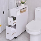 Toilet Paper Storage, Small Bathroom Storage Cabinet, Toilet Paper Holder, Slide Out Drawers and Roller for Small Space, Narrow Floor Bathroom Organizer, White