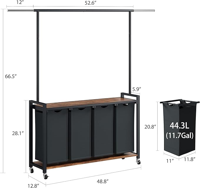 IDEALHOUSE 4-Section Laundry Sorter,Rolling Laundry Hamper with Hanging Rack & Shelf, 4 × 11.7 Gal (44.3 L), Basket Organizer with Lockable Wheels,Folding Station for Bedroom, Bathroom