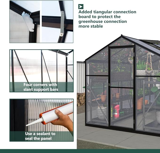 Outdoor Polycarbonate Greenhouse with Aluminum Frame, Walk-in Garden Green House Featuring Lockable Door, Adjustable Roof Vent, and UV-Protected Panels for Backyard or Patio Use (6x10 FT)