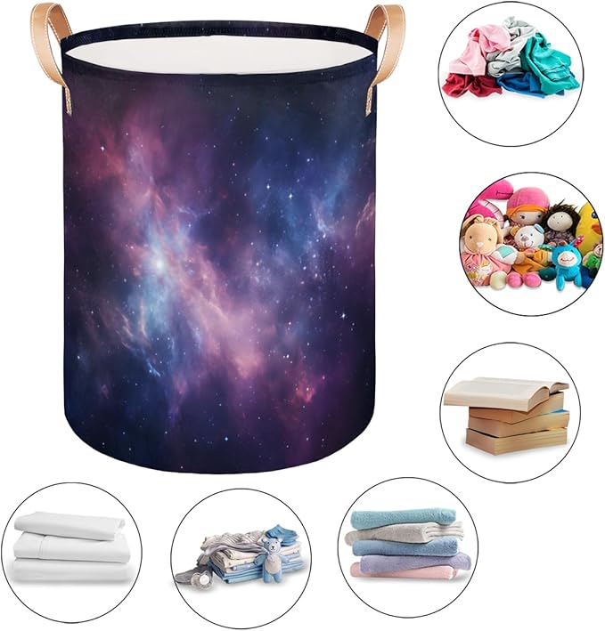 Space Universe Galaxy Collapsible Laundry Basket Large Laundry Hamper Waterproof Foldable Storage Bins Laundry Basket with Leather Handles Clothes Nursery Hampers