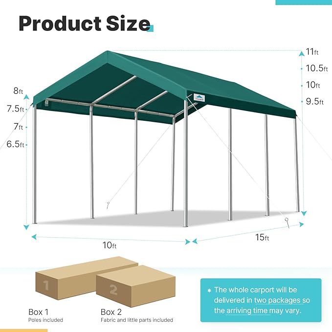 ADVANCE OUTDOOR 10x20 ft Heavy Duty Carport, Adjustable Height Garage Car Canopy Party Tent Boat Shelter, Green