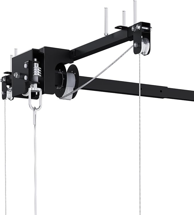 Hanging Garage Ceiling Storage Racks, Adjustable Overhead Garage Storage Lift, Mounted 4×4 FT Heavy-Duty Steel Platform for High Ceilings 10–12 FT, Supports 250 lbs for Everyday Use