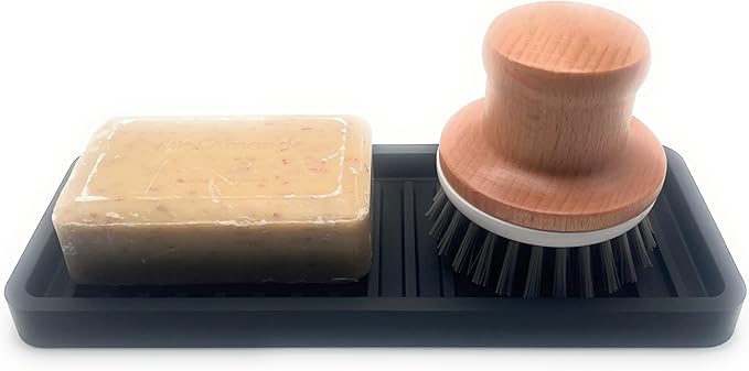 Happitasa Silicone Kitchen Sink Organizer Tray, Sponge Holder and Countertop Protector | Bathroom and Kitchen Soap Dish and Dispenser Tray (Black, 9"x3.5", 5.6 Ounces)