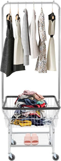 Laundry Cart with Hanging Rack, Metal Laundry Basket with Wheels, Laundry Hamper with Storage Basket & Shoe Rack, Rolling Laundry Hamper Sorter(110LBS Capacity,19.69" x 15.75" x 70.87", Black Trim)