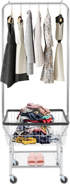 Laundry Cart with Hanging Rack, Metal Laundry Basket with Wheels, Laundry Hamper with Storage Basket & Shoe Rack, Rolling Laundry Hamper Sorter(110LBS Capacity,19.69" x 15.75" x 70.87", Black Trim)