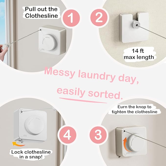 JXKNKSR-Telescopic Clothesline Indoor and Outdoor, Heavy-Duty Laundry Line, Wall Mounted, Safety Lock System (White+10Clothes Pins)