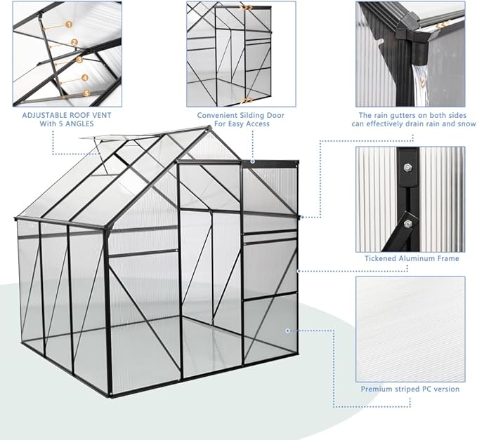 6 ft x 8 ft Aluminum Frame Greenhouse for Outdoor Use with Sloped Roof and Sliding Door for Garden Plant Protection (Black 6 * 6FT)
