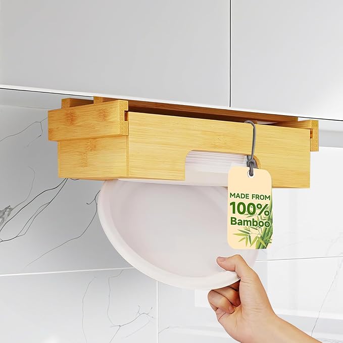 Bamboo Paper Plate Dispenser 9 inch - Wooden Paper Plate Dispenser Under Cabinet, Kitchen Countertop Vertical Plate Holder Organizer