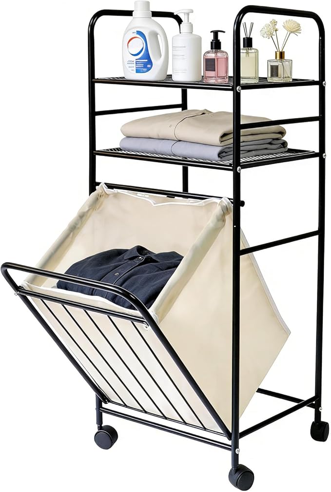 Rolling Storage Cart with Laundry Hamper, 3-Tier Rolling Utility Cart, Removable Laundry Basket - Metal Storage Organizer with Lockable Wheels for Bathroom - 80L, 14.4" x 13.8" x 39.7"