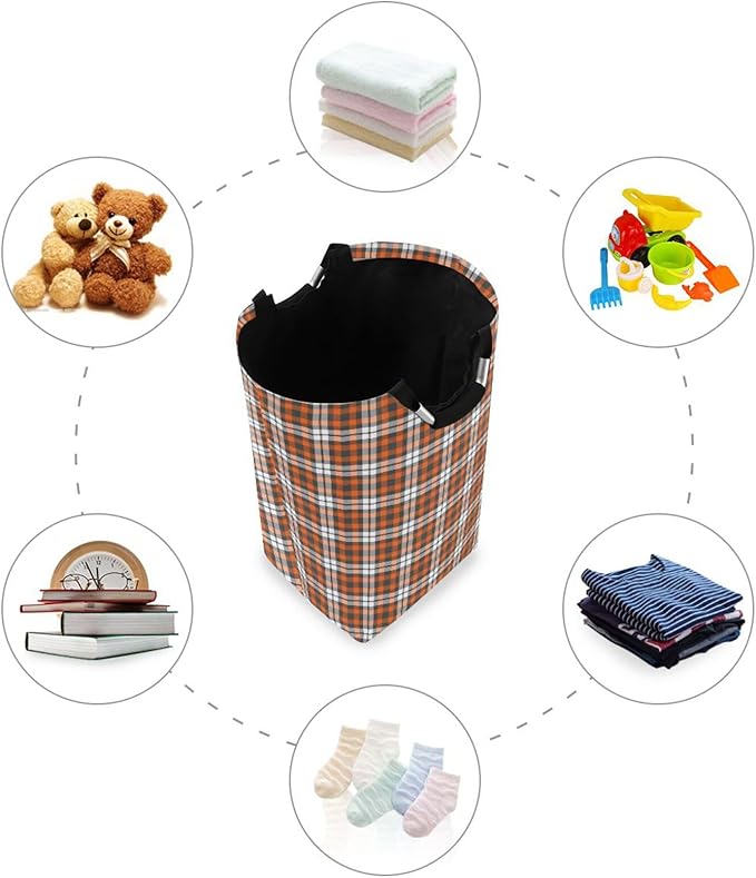 Orange Plaid Laundry Basket for College Dorm,50L Collapsible Portable Laundry Hamper Storage Basket for Toys Clothes Organizer