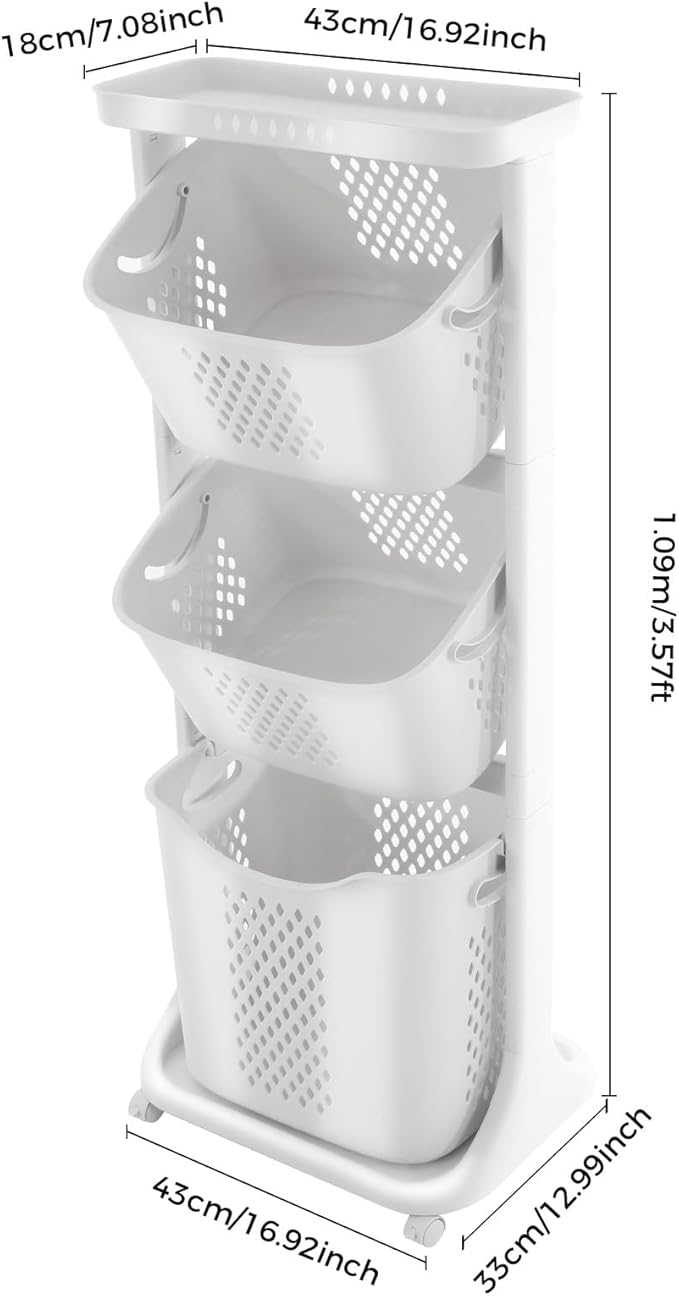 3 Tier White Laundry Baskets, 360° Pulley Design Laundry Sorter Cart, Wash Clothes Storage Basket Organizer, Clothes Basket Organizer for Kitchens, Bathrooms, Bedrooms