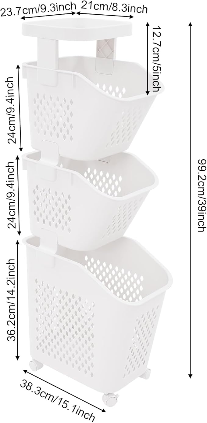 Laundry Hamper Basket Sorter, Multi-Tier PP Laundry Sorter Cart with 4 Wheels, Removable Rolling Laundry Baskets, Heightened Fence, Elevated Bottom (3-Tiers 15.1x39in)