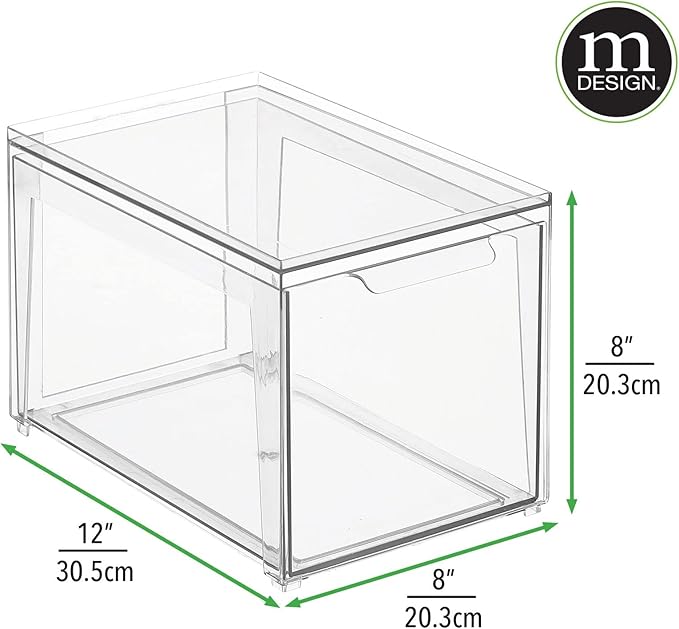 mDesign Plastic Stackable Closet Storage Organizer Bins with Pull Out Drawer for Cabinet, Desk, Shelf, Cupboard, or Dresser Organization - Lumiere Collection - 2 Pack - Clear