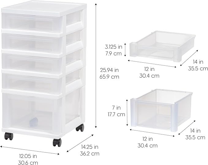 IRIS USA Craft Plastic Organizers and Storage, Rolling Storage Cart for Classroom Supplies, Storage Organizer for Art Supplies, Drawer Top Organizer for Small Parts, 5 Drawers, White/Clear