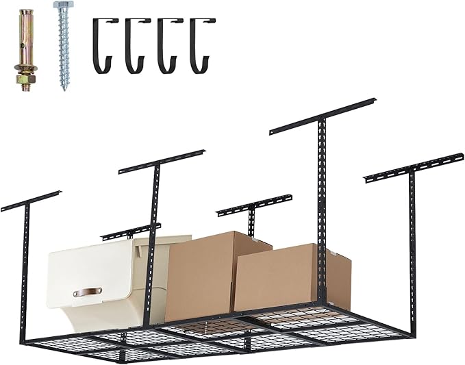 【3x8 Ft丨600 LBS Capacity 】 Heavy Duty Garage Ceiling Storage Racks - Height Adjustable Overhead Garage Storage Rack Organization - Ceiling Mounted Storage Racks