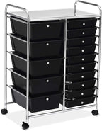 RELAX4LIFE 15 Drawer Rolling Storage Cart, Mobile Drawer Carts for Craft Art Supply Paper Salon, Utility Cart on Wheels for Classroom Teacher School Office, Rolling Cart with Drawers (Black)