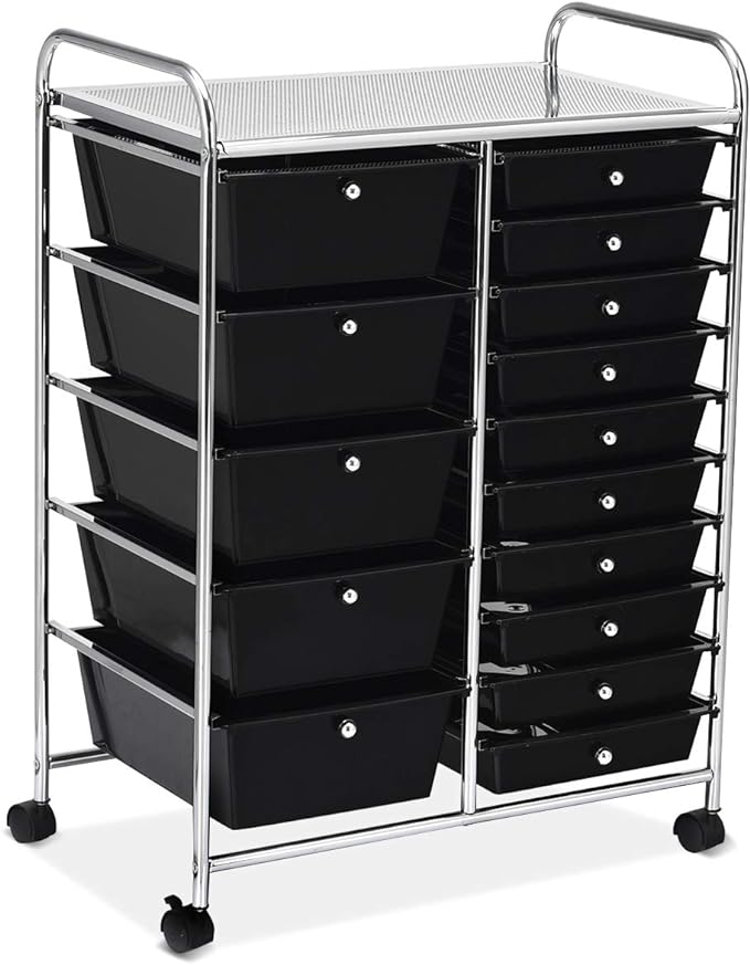 RELAX4LIFE 15 Drawer Rolling Storage Cart, Mobile Drawer Carts for Craft Art Supply Paper Salon, Utility Cart on Wheels for Classroom Teacher School Office, Rolling Cart with Drawers (Black)