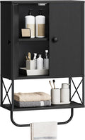 Bathroom Wall Cabinet with 2 Door and Adjustable Shelf, Farmhouse Medicine Cabinet with Towel Rack, 3-Tier Wall Mounted Storage Cabinet Over The Toilet for Bathroom Laundry Room, Black