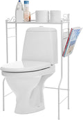 MyGift Over The Toilet Standing Shelf Storage with Magazine Basket, Freestanding Bathroom Space Saver Organizer Rack, White Metal Vintage Scrollwork Accents