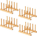 4 Pcs Bamboo Wooden Dish Rack, Plate Organizer for Cabinet Space Saver and Kitchen Counter, Bowl/Cup/Pot Lid/Cutting Board Drying Holder (4 Slots)