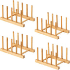 4 Pcs Bamboo Wooden Dish Rack, Plate Organizer for Cabinet Space Saver and Kitchen Counter, Bowl/Cup/Pot Lid/Cutting Board Drying Holder (4 Slots)