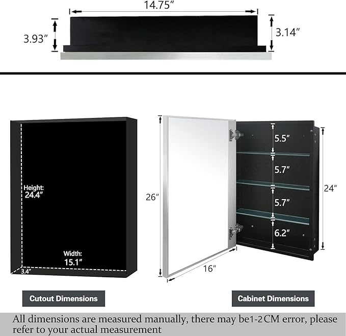 Modern Medicine Cabinet Mirror Storage for Bathroom Bedroom Surface/Recessed Mount with 3 Shelves (16"x26", Brushed Silver)