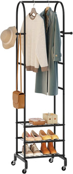 Garment Rack with Wheels,Small Metal Coat Rack With 4 Hooks,Freestanding Heavy Duty Clothing Rack with Shoe Shelves,Hanging Rod for Small Space,Bedroom,Entryway, Office, Living Room (Black)