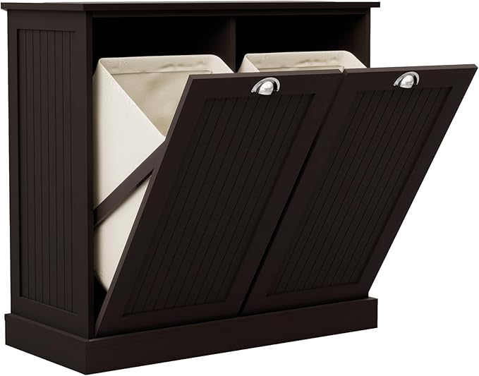 Two-Compartment Tilt-Out Laundry Sorter Cabinet,Bathroom Storage Organize Cabinet with 2 Removable Hamper Clothes Basket (Black)
