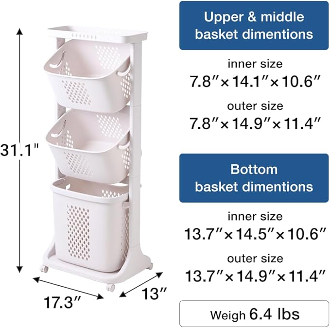 Japard 83 Litres Rolling Laundry Hamper Ultra Slim, Vertical 3 Sorter Cart with Wheels and Breaks, 3-tier Baskets Detachable for Dorm, Closet, Easy Assembly White Gray