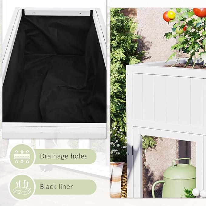 Patio 35.4''x17.7''x37.4'' Mini Wood Cold Frame, Compact 2 Doors Garden Greenhouse with Wheels, Raised Bed with Liner for Indoor Outdoor Use, White
