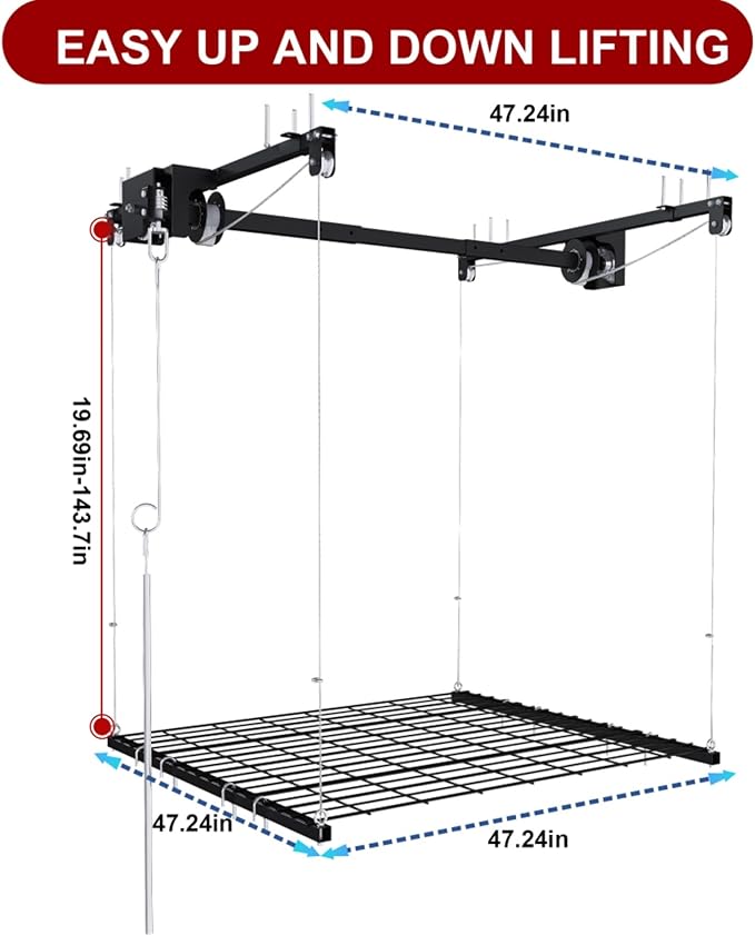 Garage Storage Lift,Overhead Garage Storage Rack,4x4 FT Ceiling Storage Racks for 10-12 FT, 250LBS Capacity All-Steel Construction with Safety Lock (4 * 4)