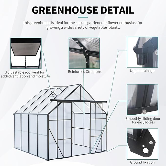 Double Sliding Door Polycarbonate Greenhouse with Rain Gutter and Roof Vent, Raised Base and Anchor Aluminum Heavy Duty Walk-in Green House, Outdoor Patio Sunroom (Black, 97.75*94.5*89.5in)