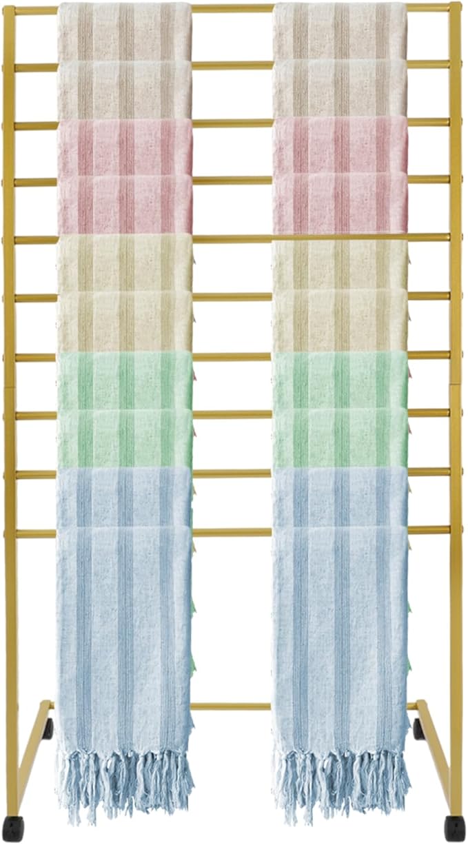 Scarf Organizer Stand, 10-Tier Freestanding Scarf Display Rack with Wheels, Metal Scarf Holder Belt Pants Hanger for Commercial Clothing Retail Store Home, 31.5" L x 15.75" W(Gold)