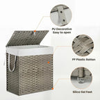 Laundry Hamper with Lid, 90L Foldable Laundry Basket with Removable Liner Bags, Handwoven Synthetic Rattan Clothes Hamper for Bathroom, Bedroom, Laundry Room, Grey