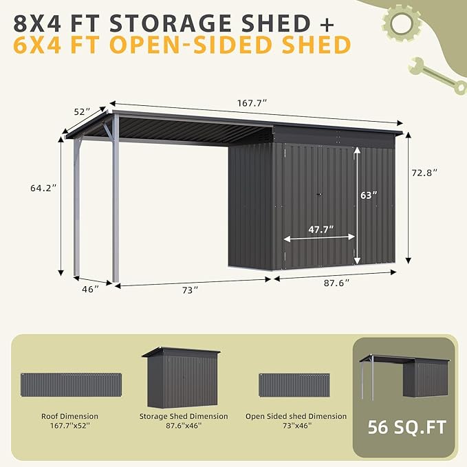 AECOJOY 8x4 FT Outdoor Storage Shed & Hardtop Gazebo Combo, 14x4FT Metal Lean to Shed with 6‘x4’ Open Pergola, 2-in-1 Tool Sheds & Outdoor Storage for Patio, Backyard, Garden