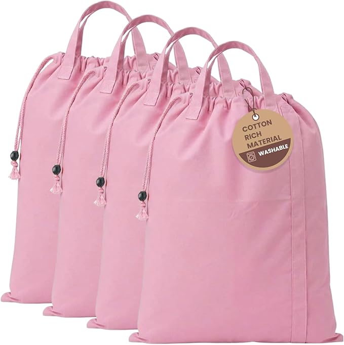 LFH Home Large Premium Cotton Canvas Laundry Bag with Drawstring and Handles Heavy Duty, Multi-Use, Washable for Home, Travel, College or Storage 28x40 (Pack of 4)-Pink