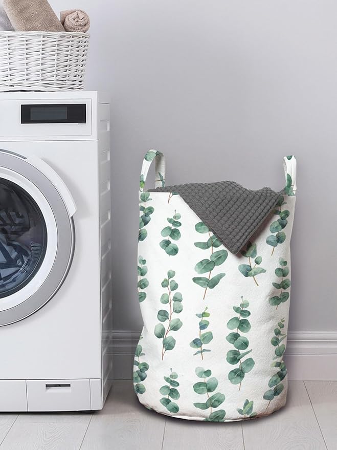 Ambesonne Eucalyptus Laundry Bag Pack of 2, Watercolor Inspired Painting of Forest Leaves and Branches Garden Art, Hamper Basket with Handles Drawstring Closure, 13" x 19", Laurel Green