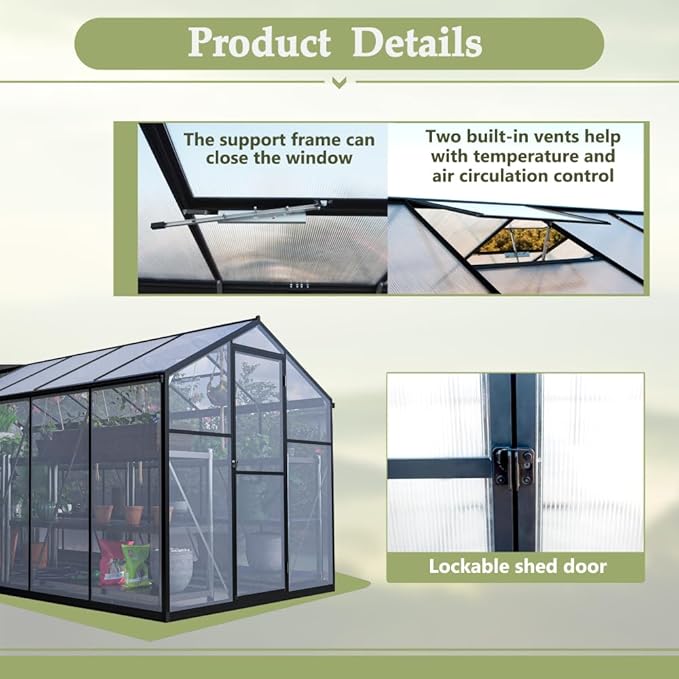 Heavy-Duty Polycarbonate Greenhouse with Double Flush Door, Rain Gutter & Adjustable Ventilation Window for Garden, Backyard or Sunroom Use (6x12 FT)