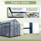 Heavy-Duty Polycarbonate Greenhouse with Double Flush Door, Rain Gutter & Adjustable Ventilation Window for Garden, Backyard or Sunroom Use (6x12 FT)