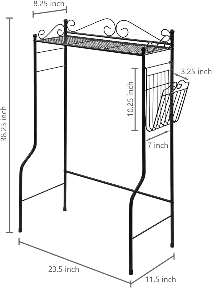 MyGift Over The Toilet Standing Shelf Storage with Magazine Basket, Freestanding Bathroom Space Saver Organizer Rack, Black Metal Vintage Scrollwork Accents