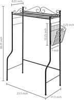 MyGift Over The Toilet Standing Shelf Storage with Magazine Basket, Freestanding Bathroom Space Saver Organizer Rack, Black Metal Vintage Scrollwork Accents