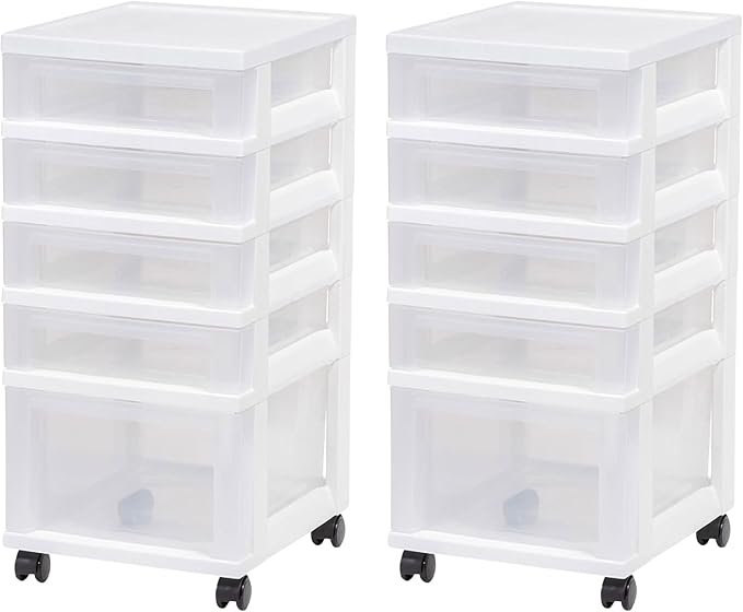IRIS USA Plastic Drawer Storage Organizer Rolling Cart, 2-Pack, with Wheels Casters, 3-Drawers, for Classroom Art Craft Supplies Dresser Closet Bathroom Laundry Room, White/Clear