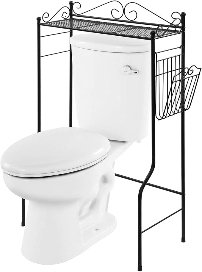 MyGift Over The Toilet Standing Shelf Storage with Magazine Basket, Freestanding Bathroom Space Saver Organizer Rack, Black Metal Vintage Scrollwork Accents