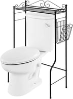 MyGift Over The Toilet Standing Shelf Storage with Magazine Basket, Freestanding Bathroom Space Saver Organizer Rack, Black Metal Vintage Scrollwork Accents