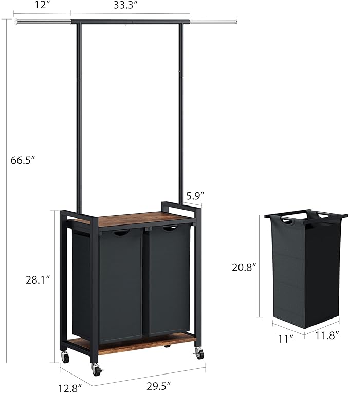 IDEALHOUSE Laundry Sorter 2 Section with Hanging Rack,Rolling Laundry Sorter Hamper with Shelf & Lockable Wheels,Laundry Basket Organizer for Laundry Room, Bedroom, Bathroom