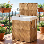 Laundry Hamper with Lid, 110L Foldable Laundry Basket with Removable Liner Bags, Handwoven Synthetic Rattan Clothes Hamper for Bathroom, Bedroom, Laundry Room, Yellow